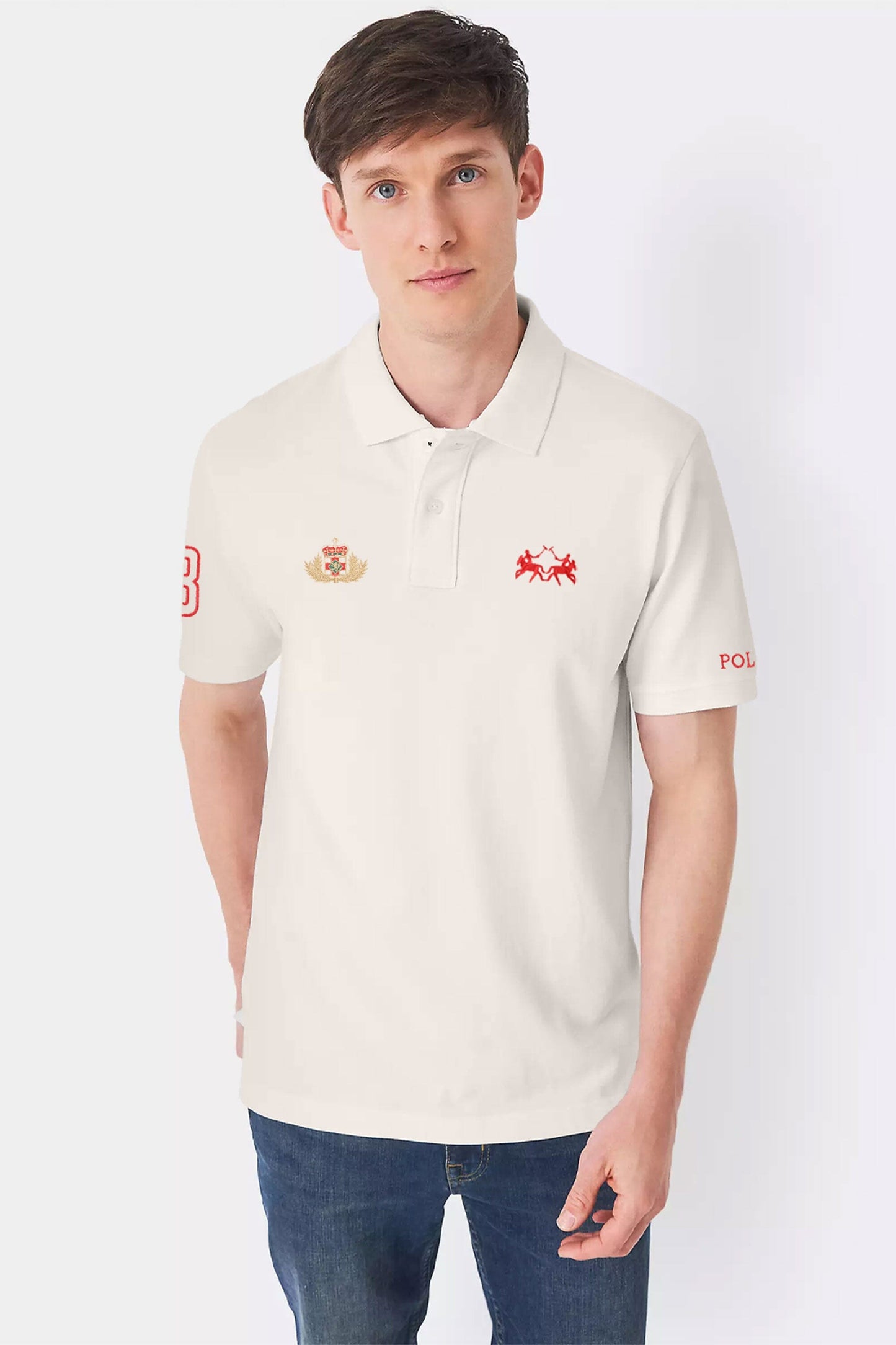 Polo Republica Men's Twin Pony Crest & 8 Embroidered Polo Shirt Men's Polo Shirt Polo Republica Off White S 